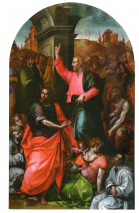 Carlo Portelli, Cristo che predica con i santi Giovanni Evangelista e Battista, e committenti, 1571, Tavola, Colle di Buggiano (Pistoia), chiesa di San Lorenzo martire. 